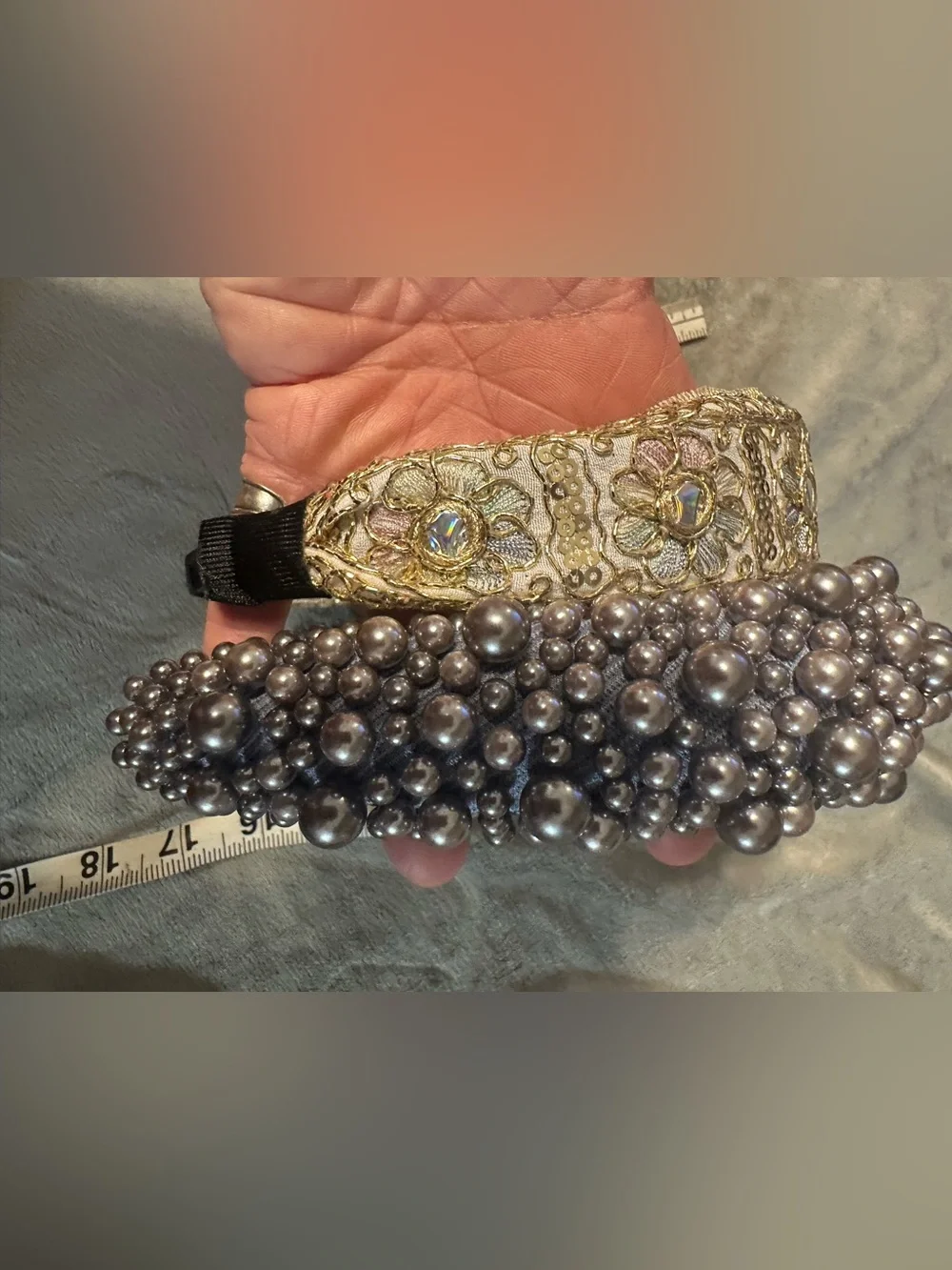 Statement Headband Bundle Grey Pearl Cluster + Gold Embroidered AB Boho Set Of 2